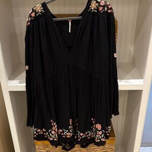 Free People Te Amo Mini Dress with Black Floral Embroidery